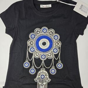 Black Graphic Women's Top With Rhinestone Size S/M